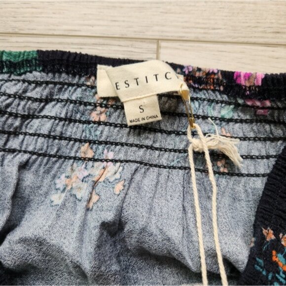 Love Stitch Navy Floral Top Womens Small Tie Sleeves Pink Green Cottagecore - Picture 4 of 8